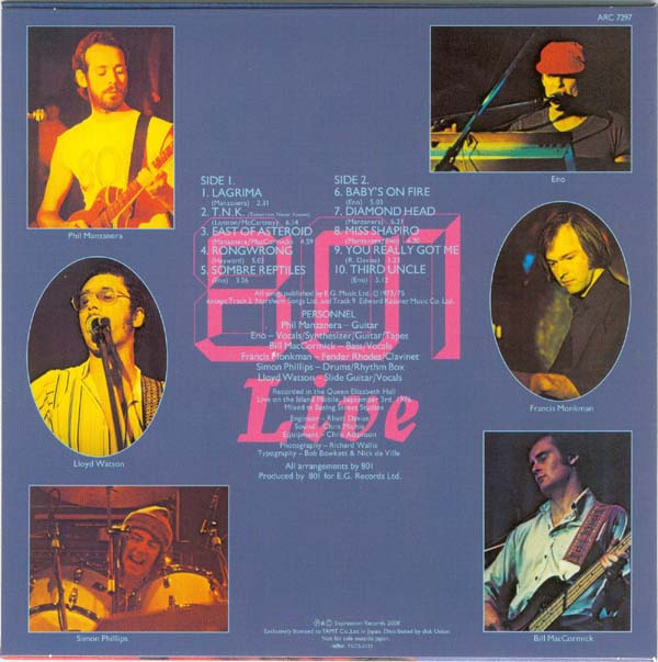 Back cover, 801 - Live (+2) (+CD)